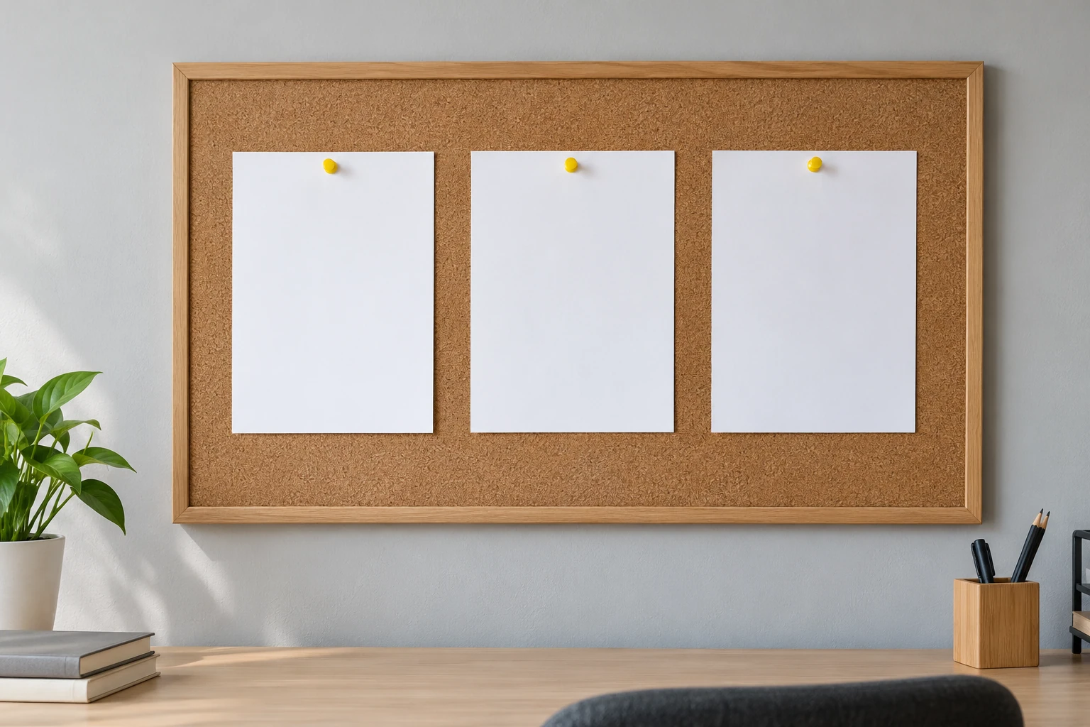 Tableau en liège avec trois feuilles blanches punaisées, bureau minimaliste éclairé naturellement