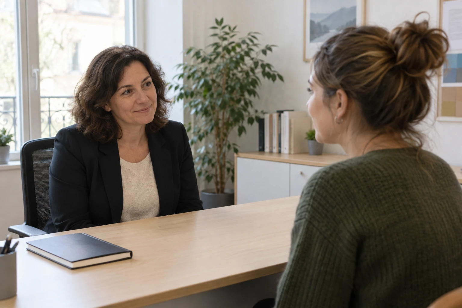 Conseillère assise en bureau écoutant une jeune femme en entretien face à face