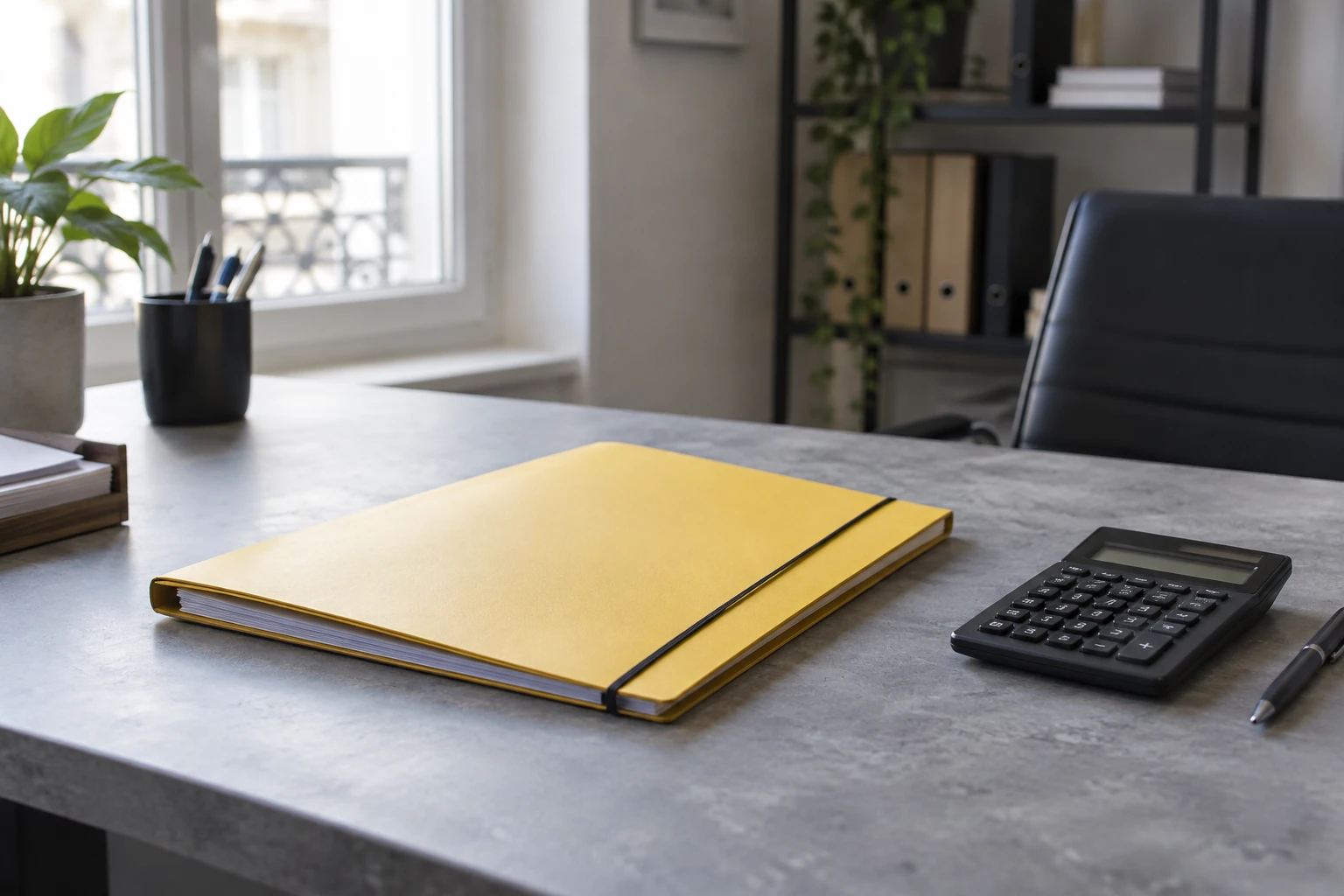 Dossier jaune fermé sur bureau avec calculatrice, stylo et plante près de fenêtre