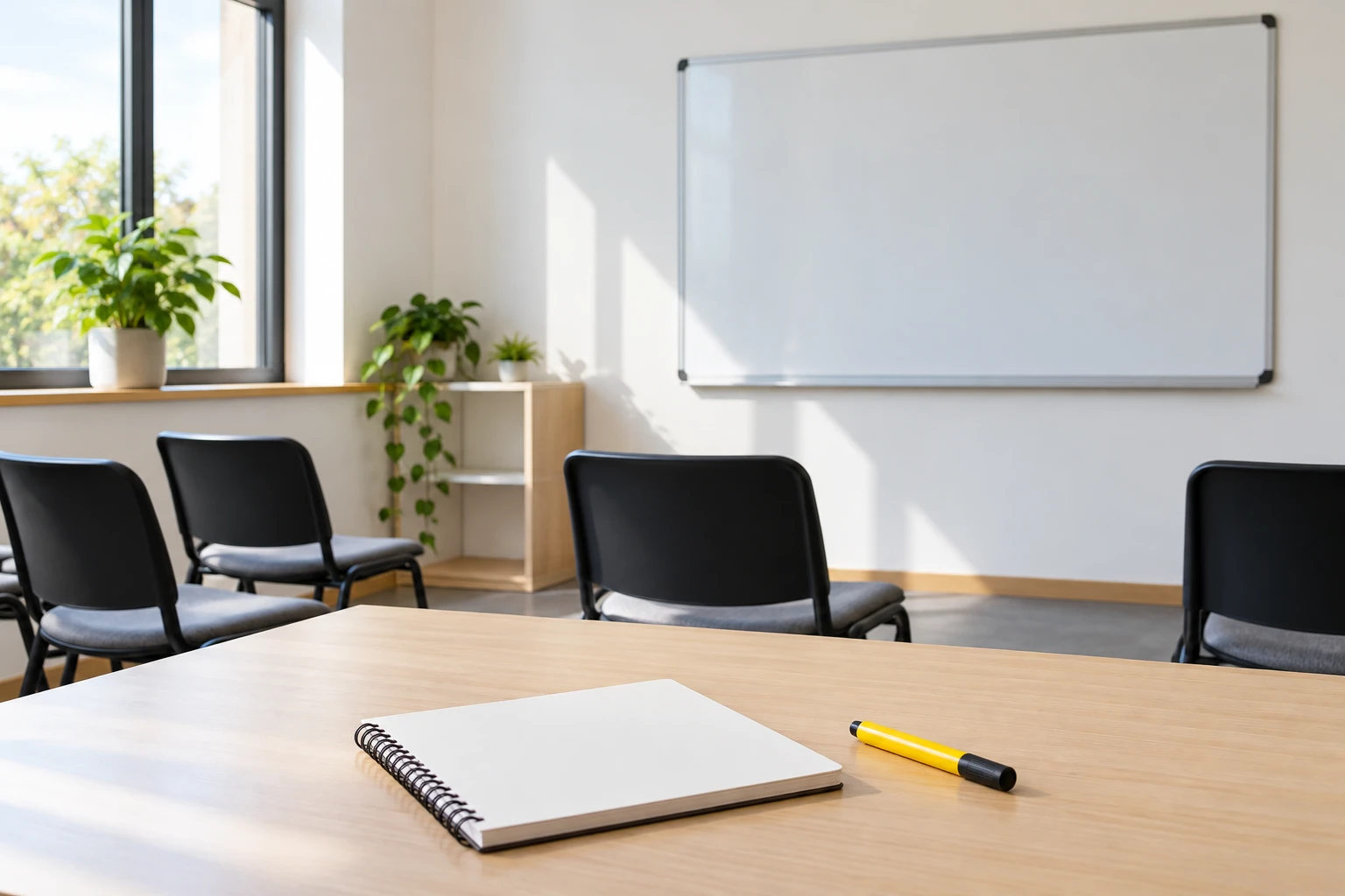 Salle de formation vide avec tableau blanc, chaises, carnet et stylo sur la table