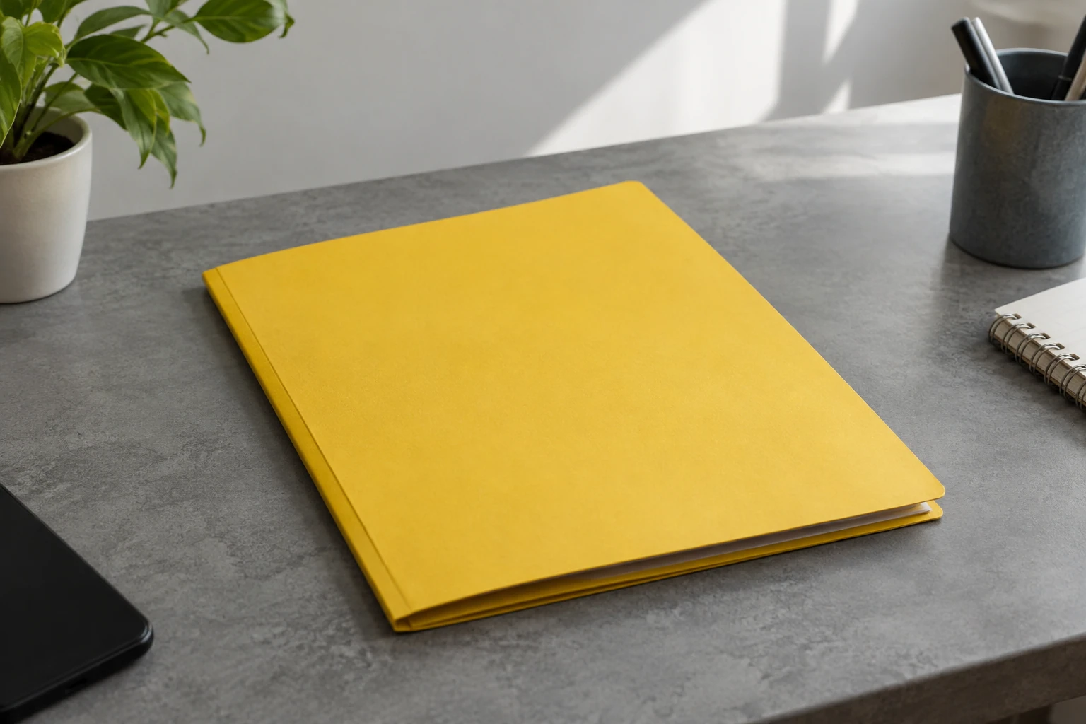 Chemise jaune fermée posée sur un bureau gris, plante, carnet et stylos visibles