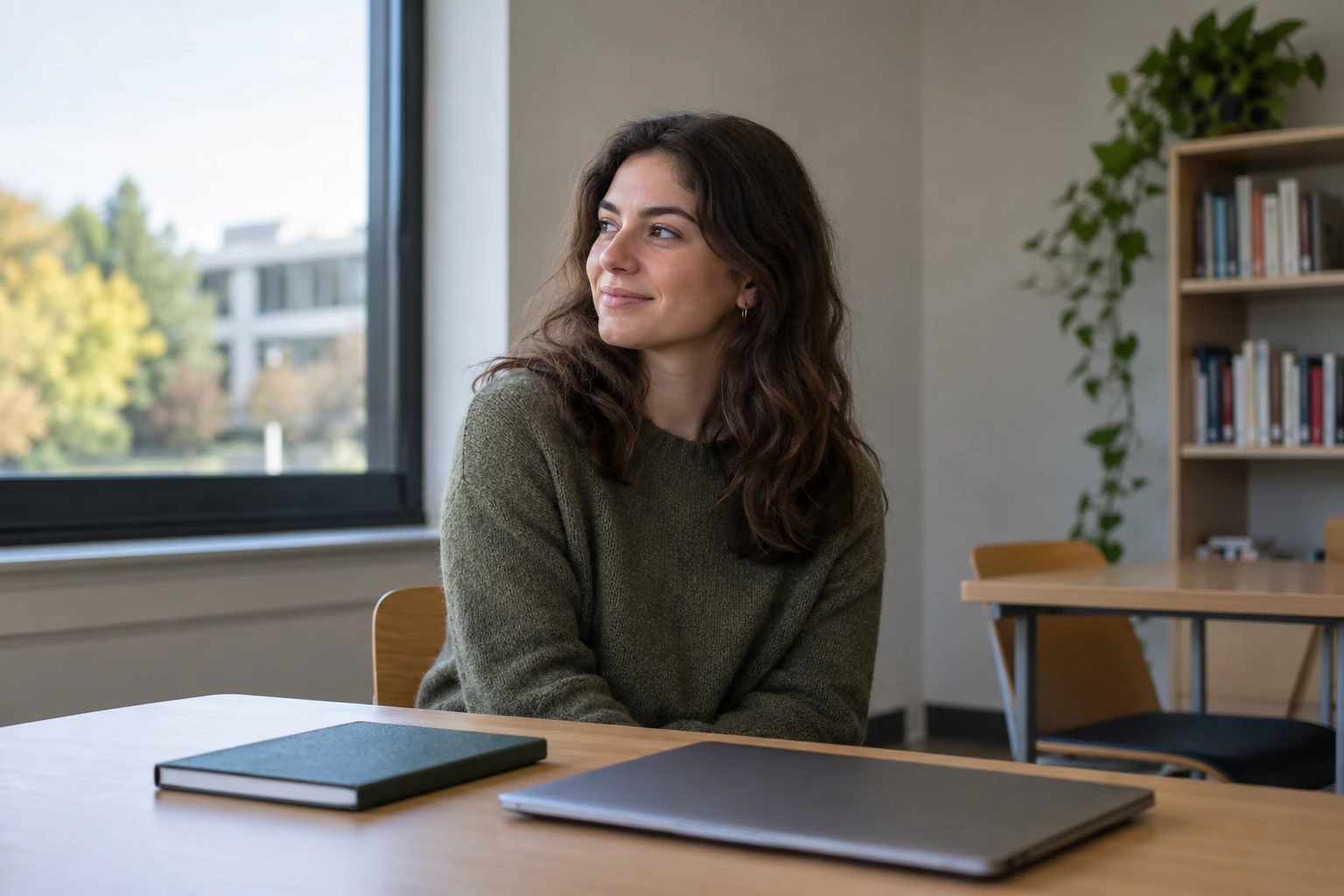 Jeune femme assise à une table avec ordinateur portable et carnet, regard par la fenêtre