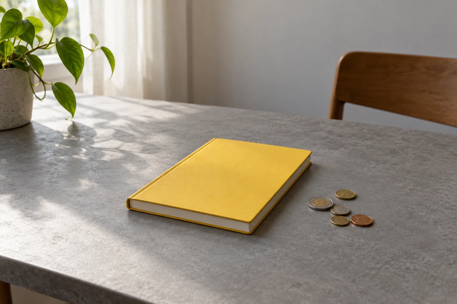 Carnet jaune posé sur table grise près de quelques pièces et plante à la fenêtre