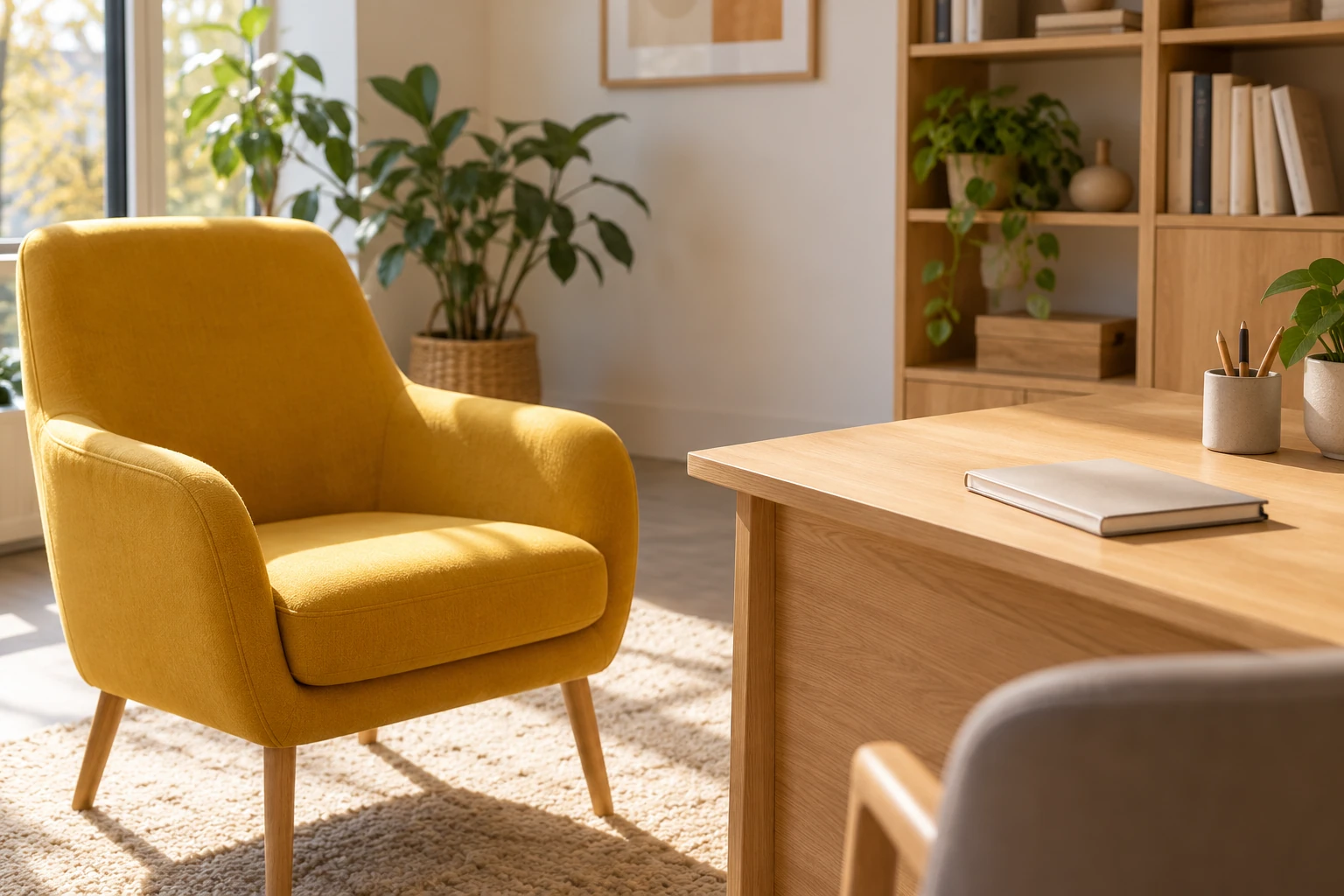 Fauteuil jaune lumineux près d'un bureau en bois, cahier fermé et plantes alentour