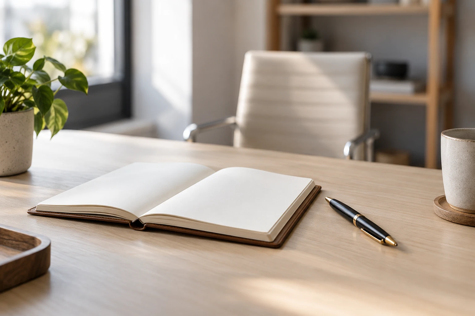 Carnet ouvert sur bureau lumineux, stylo posé, fauteuil et plante en arrière-plan